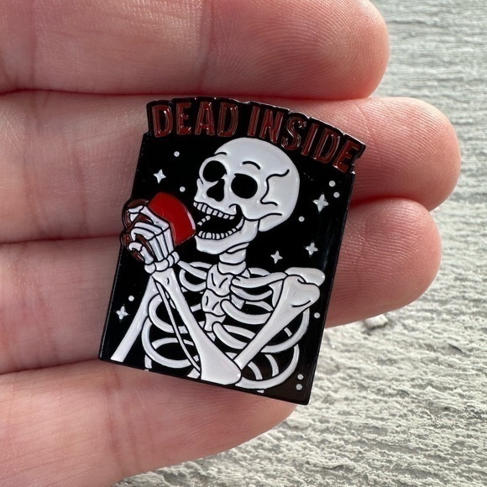 Skeleton Pin, Dead Inside Skeleton Pin, Halloween Pin, Punk Clothing Pin